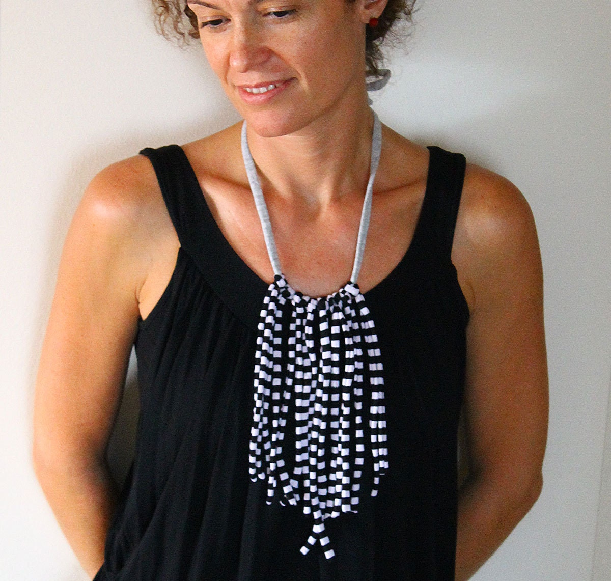 Black and White Hippie Necklace-fabric Necklace-boho Tassel | Etsy