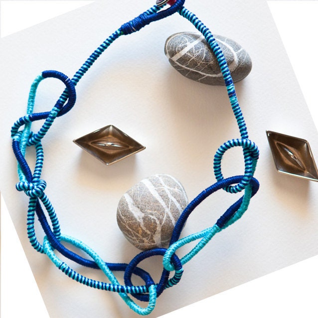 Blue Fiber Necklace Big Knot Necklace Navy Statement - Etsy