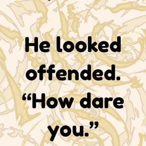 Puede incluir: Imagen vertical con fondo beige claro y patrones arremolinados. El texto en negrita en negro incluye citas como "You're not all bad, are you?" y "How dare you." Un pergamino dice "Assistant to The Villian."