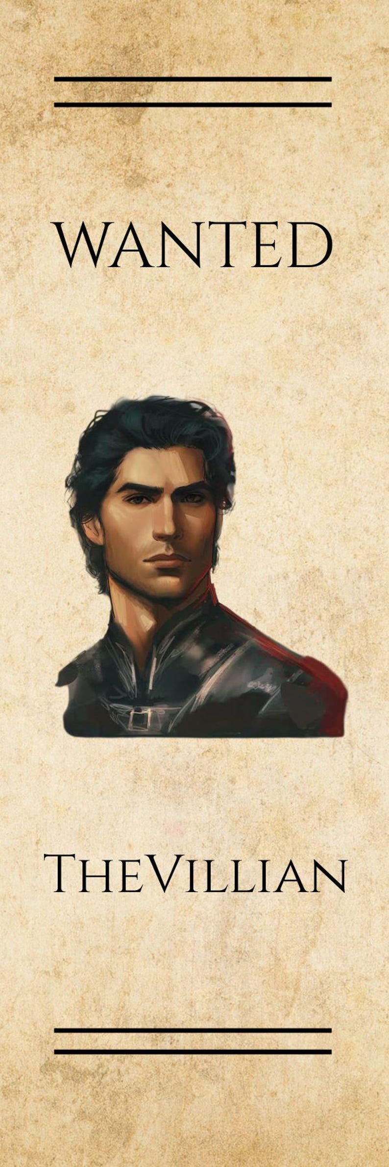 Puede incluir: Marcap&aacute;ginas con est&eacute;tica vintage. El texto "WANTED" est&aacute; en la parte superior, seguido de un retrato de un hombre con cabello oscuro y expresi&oacute;n severa. El texto "THE VILLIAN" est&aacute; en la parte inferior.