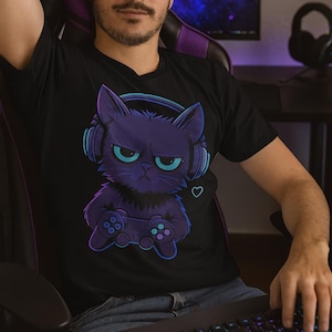 Neon Gamer Cat T-Shirt: Funny Grumpy Cat Gaming Tee