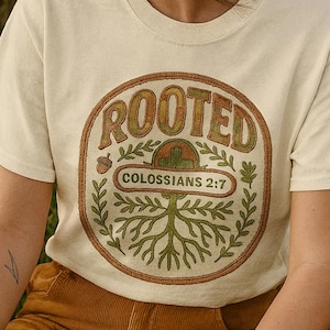 May include: Cream-colored t-shirt with a circular graphic that reads "ROOTED" in a brown, vintage-style font. The graphic includes an acorn, leaves, and the text "COLOSSIANS 2:7". The person is wearing corduroy pants.