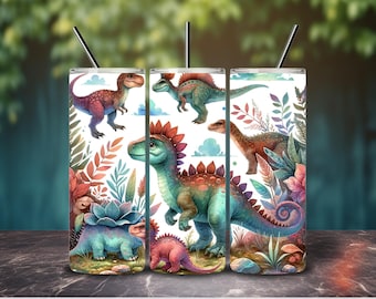 Watercolor Dinosaur Girl Tumbler Wrap: 20oz Skinny Tumbler Sublimation Design (PNG Digital Download)
