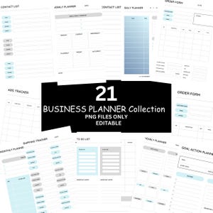 Puede incluir: Una colección de 21 plantillas de planificador de negocios en formato PNG. Las plantillas incluyen listas de contactos, planificadores semanales y diarios, formularios de pedido, rastreadores de anuncios, listas de tareas y planificadores anuales. Los diseños son en blanco, gris y azul claro.