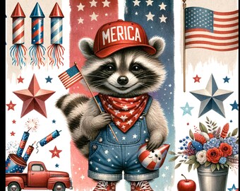 野生のアライグマの独立記念日PNG：アメリカの面白い昇華デザイン（デジタルダウンロード）