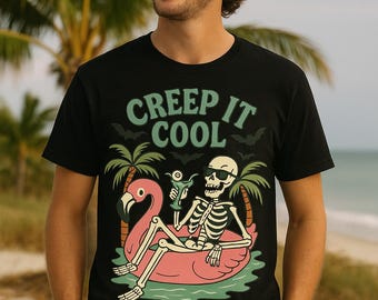 Funny Summerween Skeleton PNG – Flamingo Beach Shirt Design (Digital Download)