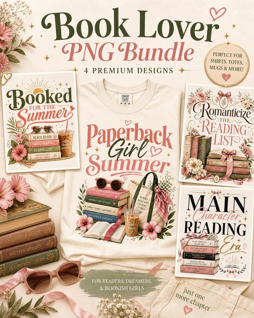 Book Lover PNG Bundle, 4 Reading Shirt Designs, Bookish Summer Graphics ...