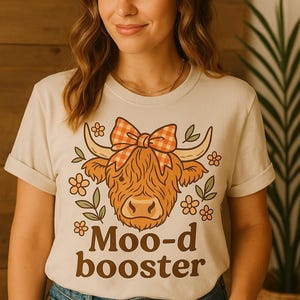 Highland Cow Moo-d Booster PNG | Cute Gingham Bow Cow Graphic for Sublimation, T-Shirt Design, Cowgirl Coquette Clipart digital download