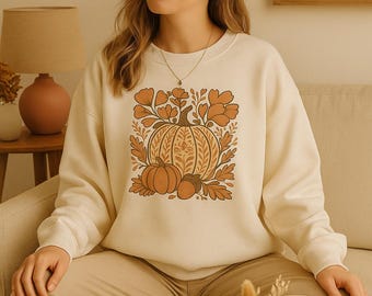 Neutral Fall Pumpkin PNG: Rustic Floral Stamp Graphic (Digital Download)