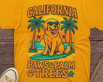 Retro Dog Surfing PNG: Golden Retriever Beach Clipart (Digital Download