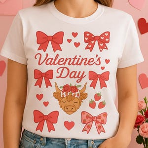Cute Highland Cow Valentine’s Day Shirt Design PNG – Red Bows, Hearts, Strawberries, Cow with Floral Headband – Sublimation Art digital