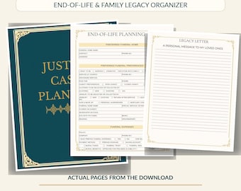May include: A digital download titled Just In Case Planner, an end-of-life and family legacy organizer. The set includes 121 pages, featuring a dark teal cover with gold text, an end-of-life planning form, and a legacy letter page, sized 8.5 x 11 inches.