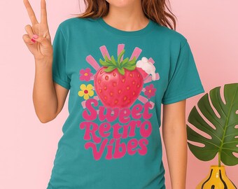 Retro Strawberry T-Shirt Design PNG: 70s Groovy Fruit Graphic (Digital Download