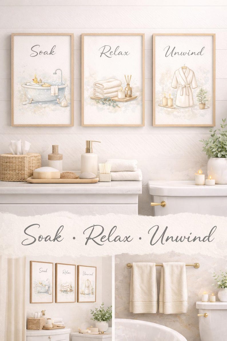 Soak Relax Unwind Bathroom Prints | Neutral Spa Wall Art (set of 3 ...