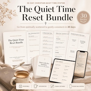 May include: A 30-day Christian quiet time system bundle featuring a printed guide, scripture cards, a tablet displaying a bundle dashboard, and a smartphone with a matching lock screen. Includes a Bible, a pen, and a ceramic mug of coffee.