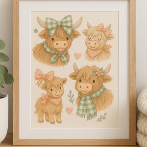 Cute Highland Cow Clipart Bundle PNG | Gingham Bow Baby Cow Sublimation | Farm Animal Girl Shirt Design | Western Pastel Clip Art digital