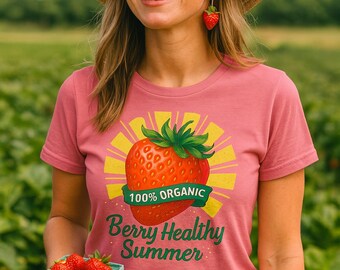 Strawberry Organic T-Shirt Design PNG: Retro Summer Graphic (Digital Download
