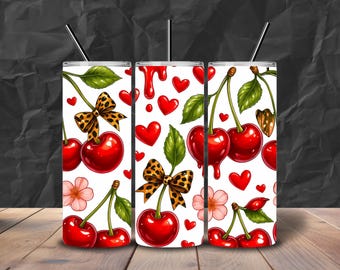 Vaso de cereza PNG: Lazo de leopardo, corazones y flores (Descarga digital)