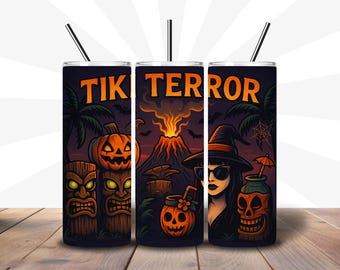 Summerween Tumbler Wrap PNG: Halloween Tiki Design (Digital Download 9.3x8.2 inches)