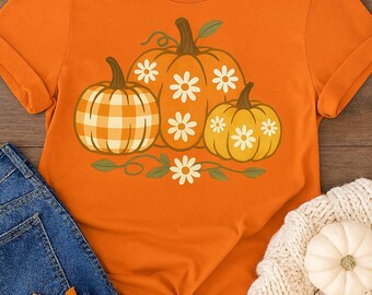 Citrouille rétro PNG : motif floral vichy automne sublimation (téléchargement numérique