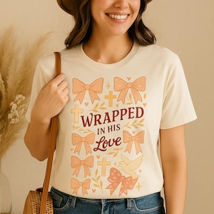 Pastel Christian PNG Design: Bows, Crosses, Dove - &quot;Wrapped in His Love&quot;