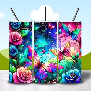butterflies and roses 20 oz Skinny Tumbler Sublimation, Diamond Butterfly Tumbler Designs, Watercolor, Skinny/Straight, Digital Download