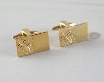 Vintage Rectangle Cufflinks - Leaf Gold Tone - 70's Cufflink