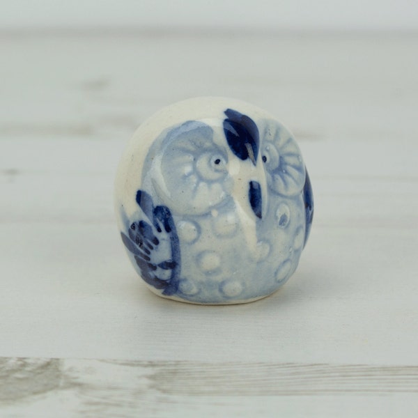 Pottery Owl Figure - Blue - Handmade - Woodland - Bird - Figurine - Cream - Natural - Small - Decor - Homeware