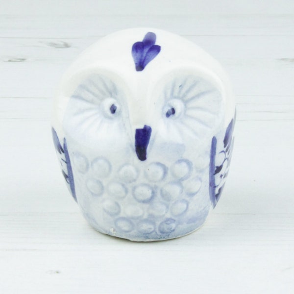 Keramik-Eule Figuren handgefertigt Wald-Vogel figürchen - Blau Creme Natural
