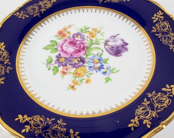 Vintage Display Wall Plate - Decorative Golden Trim Florals Epiag DF Porcelain Cabinet Plate English Cobalt