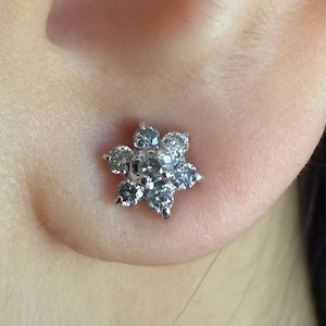 10K Solid White Gold Diamond Flower Stud Earrings, Natural Diamond Cluster Studs, Dainty Floral image 1
