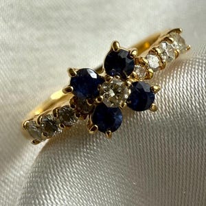 18K Solid Gold Sapphire Diamond Flower Ring/ Natural Sapphire Diamond Ring/ Sapphire Floral Ring/ Diamond Celestial Ring/ Size 5