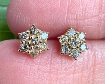 18K Solid Yellow Gold Diamond Flower Earrings, Dainty Floral Studs, Cluster Stud Earring, 0.30ctw