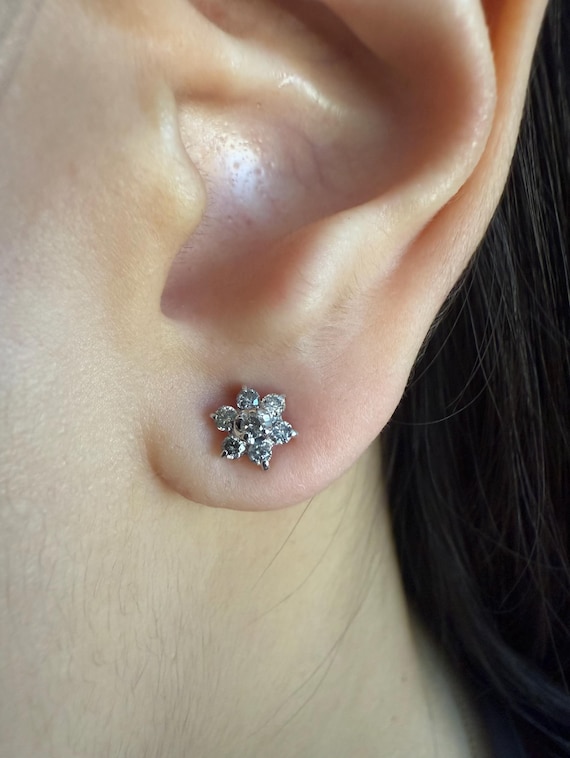 10K Solid White Gold Diamond Flower Stud Earrings, Natural Diamond Cluster Studs, Dainty Floral