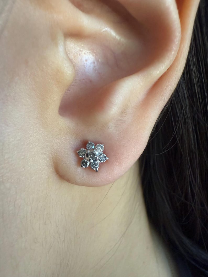 10K Solid White Gold Diamond Flower Stud Earrings, Natural Diamond Cluster Studs, Dainty Floral image 1