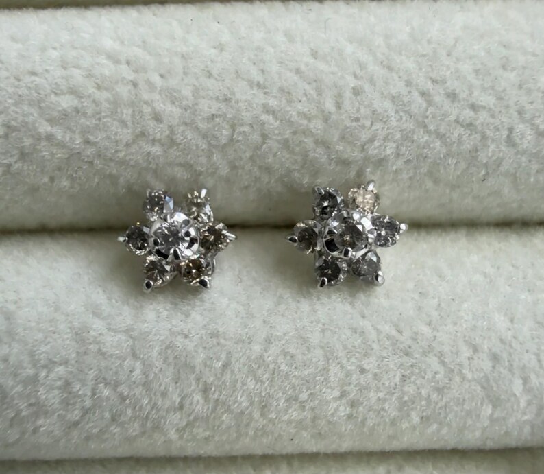 10K Solid White Gold Diamond Flower Stud Earrings, Natural Diamond Cluster Studs, Dainty Floral image 5