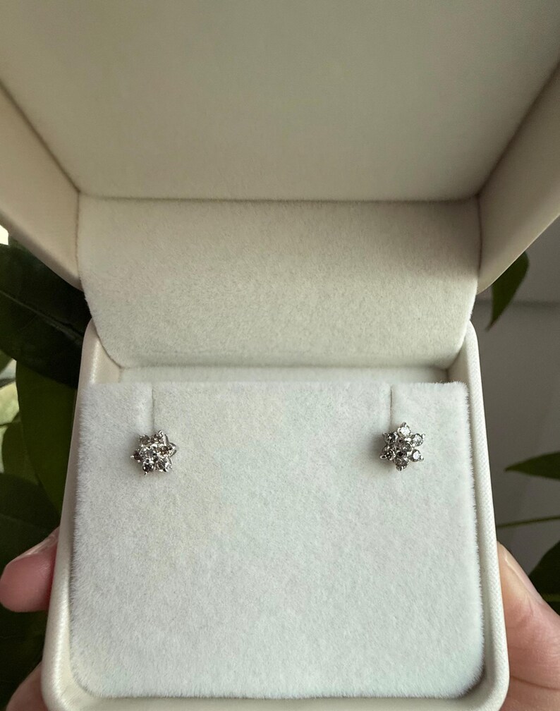 10K Solid White Gold Diamond Flower Stud Earrings, Natural Diamond Cluster Studs, Dainty Floral image 2