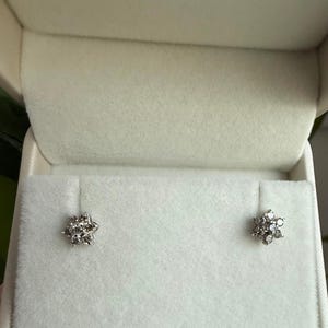 10K Solid White Gold Diamond Flower Stud Earrings, Natural Diamond Cluster Studs, Dainty Floral image 7