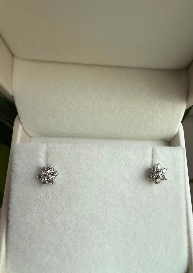 10K Solid White Gold Diamond Flower Stud Earrings, Natural Diamond Cluster Studs, Dainty Floral image 7