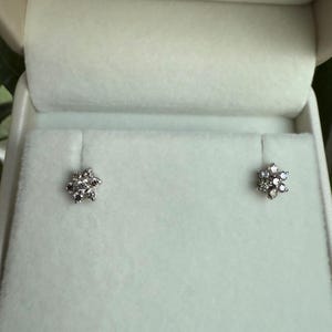 10K Solid White Gold Diamond Flower Stud Earrings, Natural Diamond Cluster Studs, Dainty Floral image 4