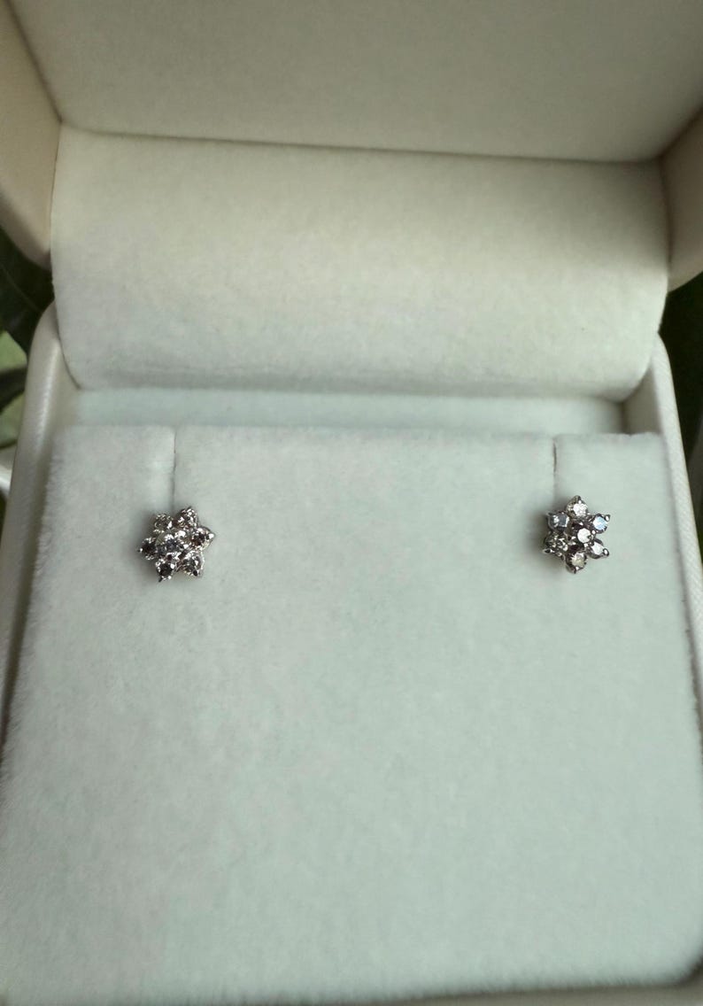 10K Solid White Gold Diamond Flower Stud Earrings, Natural Diamond Cluster Studs, Dainty Floral image 4