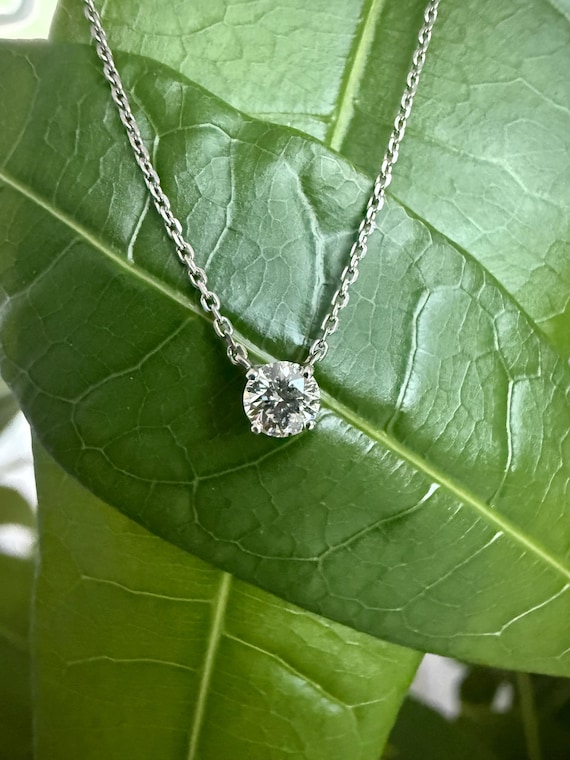 Platinum Diamond Solitaire Necklace, Dainty Natural Diamond Pendant, Bridal Jewelry, Floating Diamond