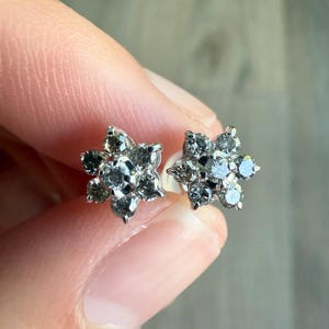 10K Solid White Gold Diamond Flower Stud Earrings, Natural Diamond Cluster Studs, Dainty Floral image 3