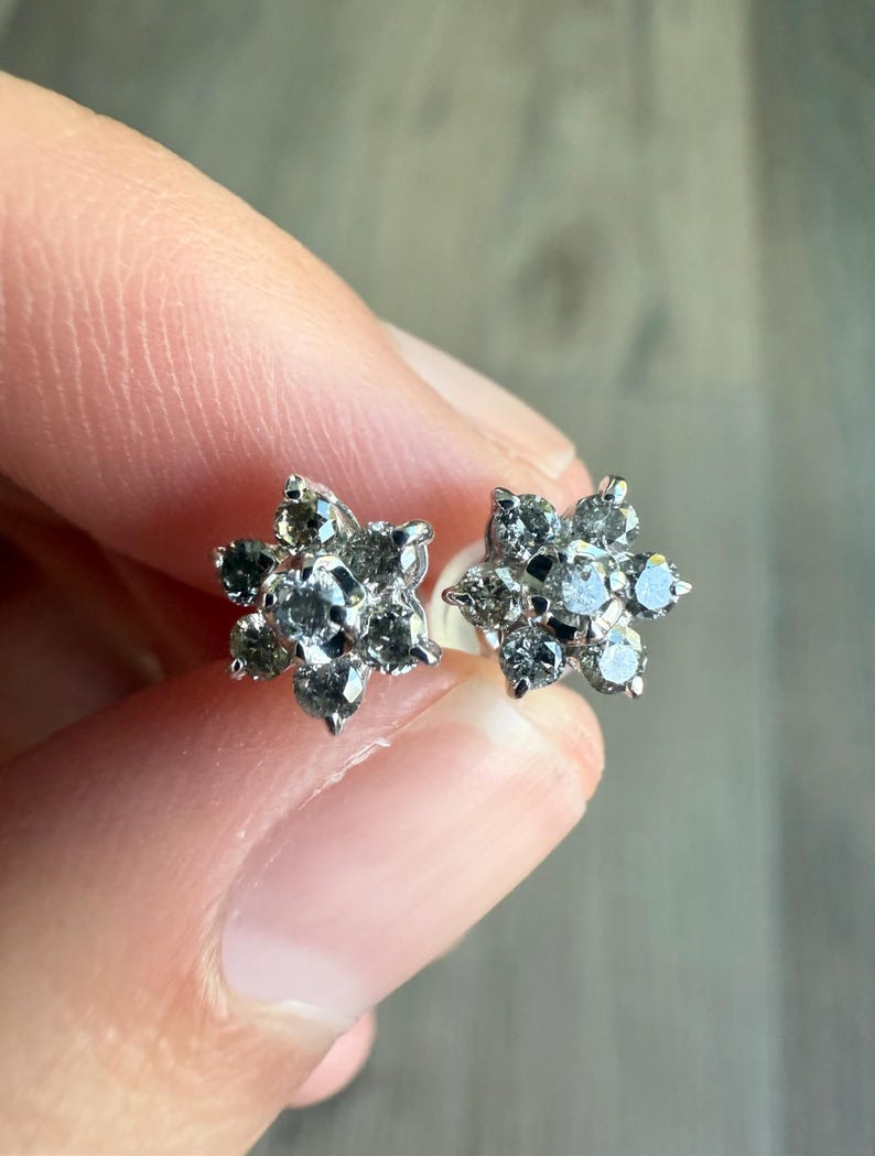 10K Solid White Gold Diamond Flower Stud Earrings, Natural Diamond Cluster Studs, Dainty Floral image 3