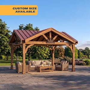 May include: A wooden gazebo with a brown metal roof, featuring a seating area with a sofa, chairs, and a coffee table. The gazebo has decorative lighting and is set on a stone patio. Text on the image says "CUSTOM SIZE AVAILABLE".