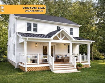 Porche couvert 24 x 10 pouces, toit à deux versants, terrasse surélevée avec escalier (téléchargement PDF)