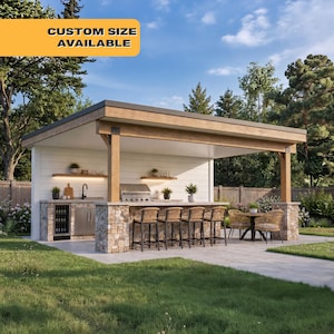 May include: An outdoor kitchen with a stone and wood structure. It includes a built-in grill, refrigerator, and bar seating. The text "CUSTOM SIZE AVAILABLE" is on a yellow banner. The setting is a well-kept lawn with trees and a blue sky.