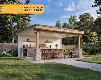 Planos de pabellón monopendiente de 24x16, pabellón moderno para cocina exterior, cubierta de patio con techo a dos aguas, planos de pabellones para el patio trasero (hágalo usted mismo), estructura de bar junto a la piscina