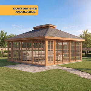 May include: A wooden gazebo with glass windows and a shingled roof, set on a green lawn. The gazebo has a rectangular shape and features a seating area inside. Text on the image reads "CUSTOM SIZE AVAILABLE".