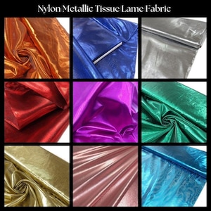 May include: Nine squares of nylon metallic tissue lame fabric in various colors. Colors include gold, blue, silver, red, purple, green, pink, and teal. The fabric has a shiny, reflective surface and is arranged in a grid.